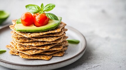 A clean and modern image of a stack of whole-grain crackers with a topping of avocado slices and cherry tomatoes. The crackers are arranged neatly on a white plate with a neutral background. The