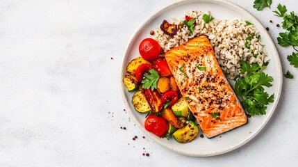 A stylish image of a protein-packed meal featuring a serving of baked salmon with a side of roasted vegetables and a portion of brown rice. The plate is arranged beautifully on a white surface with a