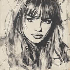Fototapeta premium Striking monochromatic sketch of a woman with long hair and an intense gaze, showcasing detailed line work and artistic expression
