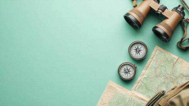 Adventure Essentials: Binoculars, Map, and Compass on a Green Background