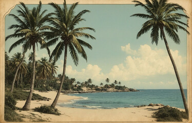 Obraz premium 80's style photo postcard, sea and palm trees vintage postcard.