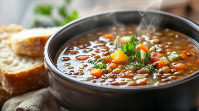 A detailed shot of a bowl of lentil soup with vegetables, garnished with fresh herbs and served with a side of whole-grain bread. The soup is steaming and arranged beautifully in the bowl, with a