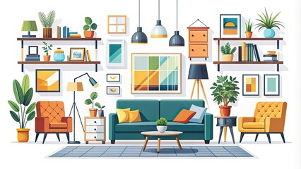 Colorful illustration of various interior designer icons, including furniture, decor, and architecture elements, arranged in a stylish and modern composition on a white background.