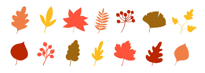 Set of autumn leaves. Fall maple tree leaf icon. Foliage oak, yellow forest plant leaves. Red autumn season thanksgiving leaf element. Vector hand drawn flat illustration