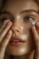 Close-Up of Woman Applying Skincare Cream - A detailed close-up of a woman's face as she applies skincare cream under her eye, highlighting smooth skin and natural beauty.