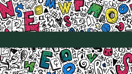 A seamless doodle pattern featuring a mix of letters and numbers in a variety of fonts and sizes, randomly scattered, bright and bold colors, on a soft green background, whimsical and dynamic,