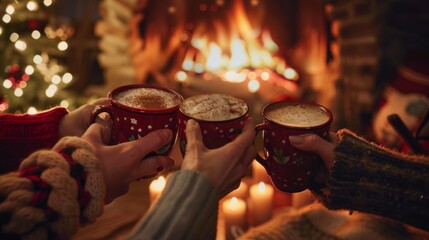 A group of friends cheers with mugs of hot cocoa, surrounded by a warm glow from the fireplace and twinkling holiday lights