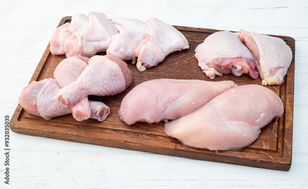 Poster raw mixed chicken meat parts for cooking on rustic background