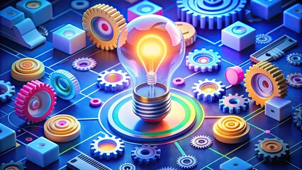 Obraz premium Colorful isometric illustration of a lightbulb surrounded by gears, documents, and target icons, representing innovative business ideas and creative problem-solving strategies.