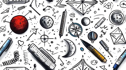 A seamless doodle pattern featuring geometric shapes like triangles, circles, and squares, along with protractors, compasses, and rulers, all arranged in a precise and organized manner,
