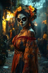 Fototapeta premium A dynamic 3D illustration of a woman with detailed Día de los Muertos face paint, wearing a colorful dress, and standing in a dimly lit environment with a dark backdrop