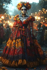 Fototapeta premium A dynamic 3D illustration of a woman with detailed Día de los Muertos face paint, wearing a colorful dress, and standing in a dimly lit environment with a dark backdrop