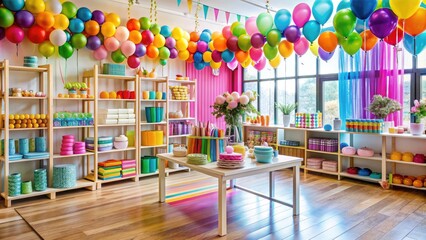 Fototapeta premium Colorful lifestyle products on shelves and tables, surrounded by balloons and streamers, in a trendy and modern pop-up store with a fun atmosphere.