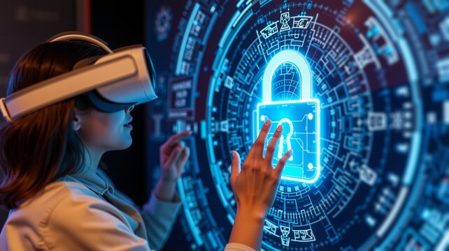 Woman wearing VR headset solving a colorful digital puzzle on a screen. Her hand reaches out towards the padlock icon. Futuristic technology, gaming, education.
