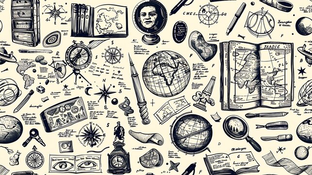 A seamless doodle pattern featuring history highlights like ancient maps, globes, and historical figures, scattered in a scholarly and vintage arrangement with artifacts and manuscripts, earthy tones,