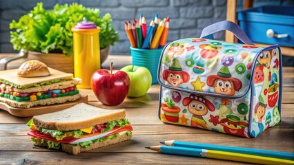 Colorful lunch bag with cartoon characters and fun designs sits on a desk surrounded by pencils, notebooks, and a half-eaten sandwich.