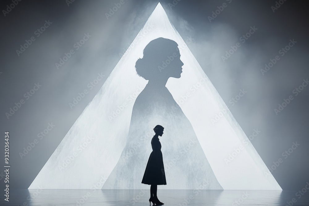 Poster a surreal digital art of shadowed figure walking towards a glowing triangle symbolizing journey towa