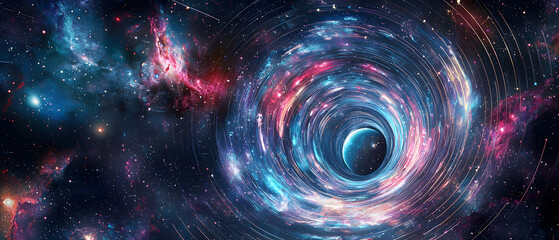 Fototapeta premium a vector illustration flat color of Imagine a cosmic scene where a wormhole is the central focus galaxy. The wormhole is made up of transparent light circles