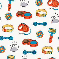 Pet shop, veterinary shop supplies. Food bowl, toys, collar, leash, brush, ball, mouse. Pet care, toys, accessories for cats, dogs. Hand drawn Vector illustration. Square seamless Pattern, background