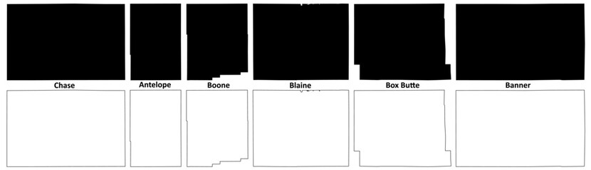 Chase, Banner, Antelope, Boone, Box Butte and Blaine County, Nebraska (U.S. county, United States of America, USA, U.S., US) map vector illustration, scribble sketch map