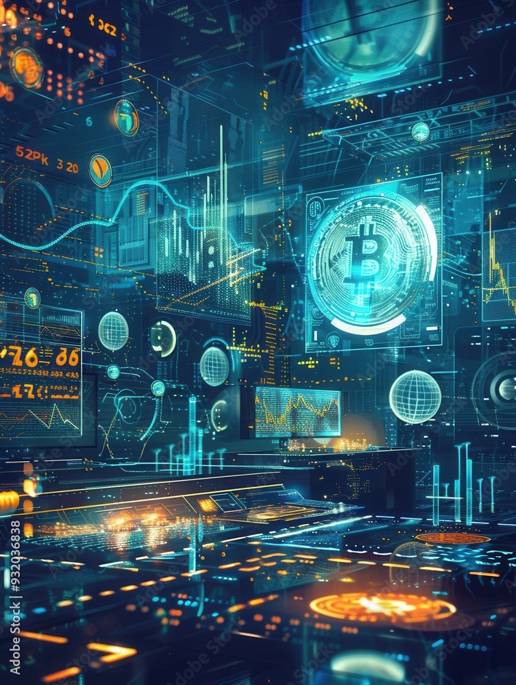 Poster The interface shows real-time market values and charts for multiple cryptocurrencies in a futuristic design. Generative AI