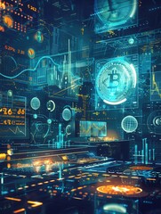 The interface shows real-time market values and charts for multiple cryptocurrencies in a futuristic design. Generative AI