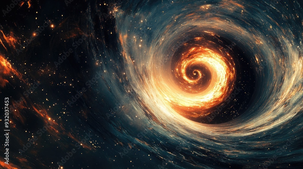 Poster a dark abstract space background with luminous streaks and particles resembling a time vortex spiral