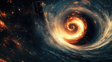 A dark abstract space background with luminous streaks and particles resembling a time vortex spiraling towards infinity