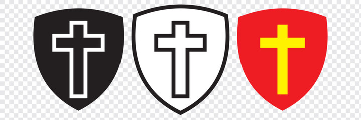 Shield with cross icon. Red shield with white cross. Vector flat icon. Shield with cross outline icon. linear style sign for mobile concept and web design. EPS 10.
