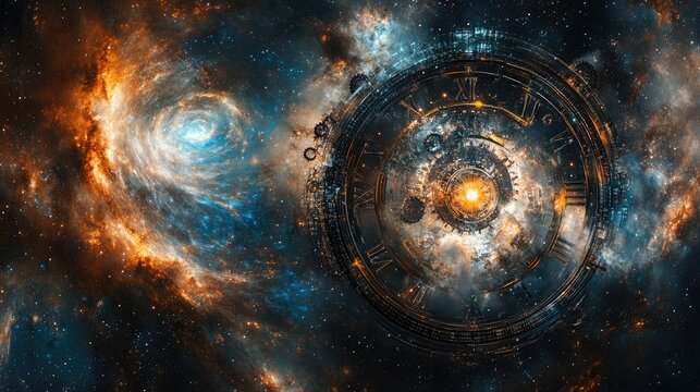 A cosmic swirl of stars and galaxies in the backdrop, overlaid with translucent clock gears, evoking the infinite nature of time and space