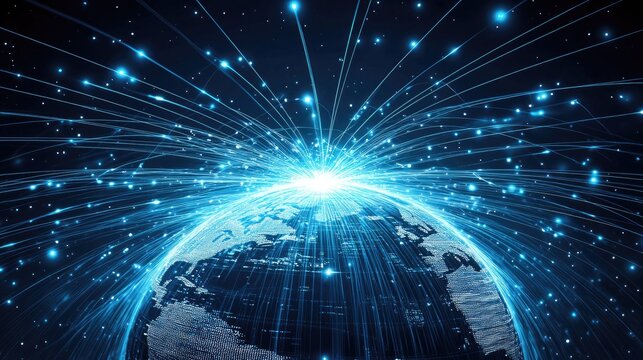 A glowing earth globe with fiber optic lines radiating outward, symbolizing the interconnected digital world and technology
