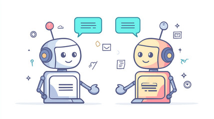 Vector illustration of two cute cartoon chatbot robots having a conversation with speech bubbles and document icons on a white background, a concept for online support or customer service