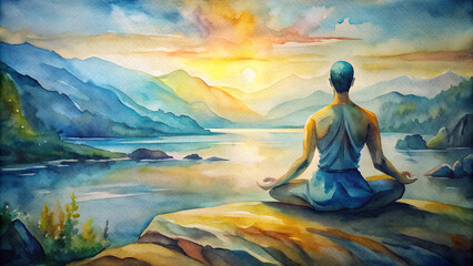 Watercolor painting of a person meditating in nature meeting the sunrise. Abstract art painting with a man in a lotus position. The concept of solitude and inner peace.