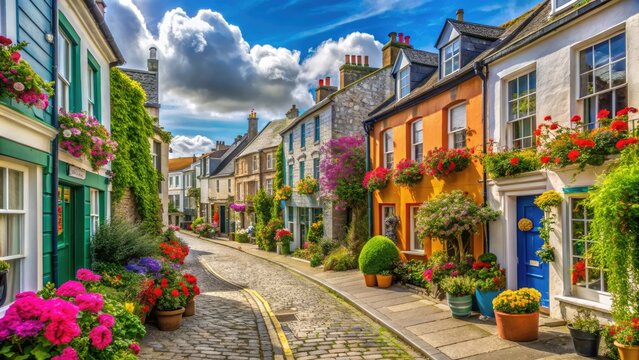 Colorful row of historic buildings lining cobblestone streets in Truro town, Cornwall, UK, with quaint shops, cafes, and pubs amidst vibrant flowers and lush greenery.