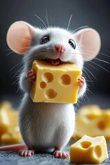 Fototapeta premium Cute mouse holding a block of swiss cheese. Ai generative