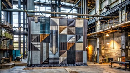 Fototapeta premium A dynamic tapestry blending urban grit with industrial chic, featuring raw fibers, charcoal gray hues, and a sustainable edge.