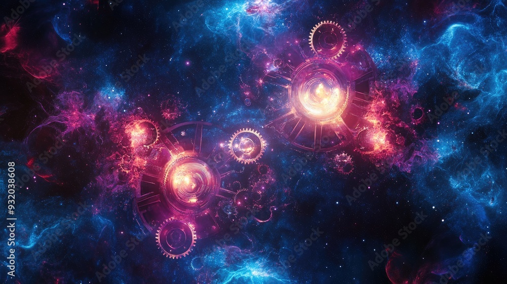 Poster a vibrant abstract background featuring interconnected gears and celestial patterns, symbolizing the