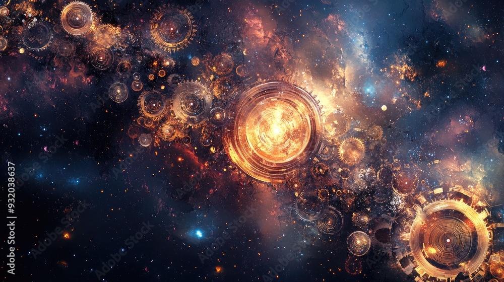 Poster a vibrant abstract background featuring interconnected gears and celestial patterns, symbolizing the