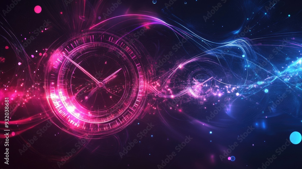 Poster abstract background blending flowing lines with glowing clock symbols, creating a sense of time and 