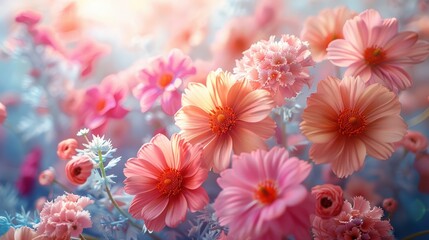 Vibrant Floral Fantasy, a mesmerizing arrangement of diverse flowers on an enchanting table, set against a backdrop of vivid colors, radiating joy and creativity.