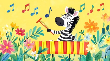 Naklejka premium Playful Cartoon Zebra Jamming on Marimba in a Sunny Watercolor Wonderland - Vector Illustration with Lively Colors and Vibrant Design