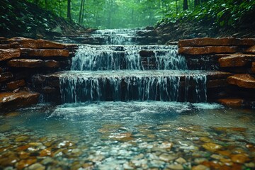 Obraz premium Serene Waterfall Cascading Over Smooth Rocks In A Lush Forest