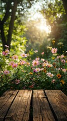 Wooden board, beautiful flowers in summer in nature