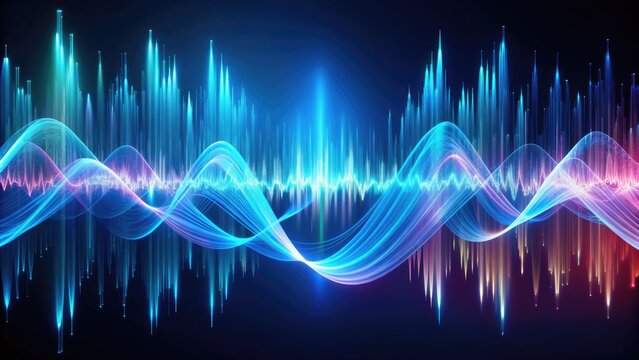 Colorful sound wave pattern formed by varying shades of blue, visually representing the rhythmic flow of sound and voice in a mesmerizing digital landscape.