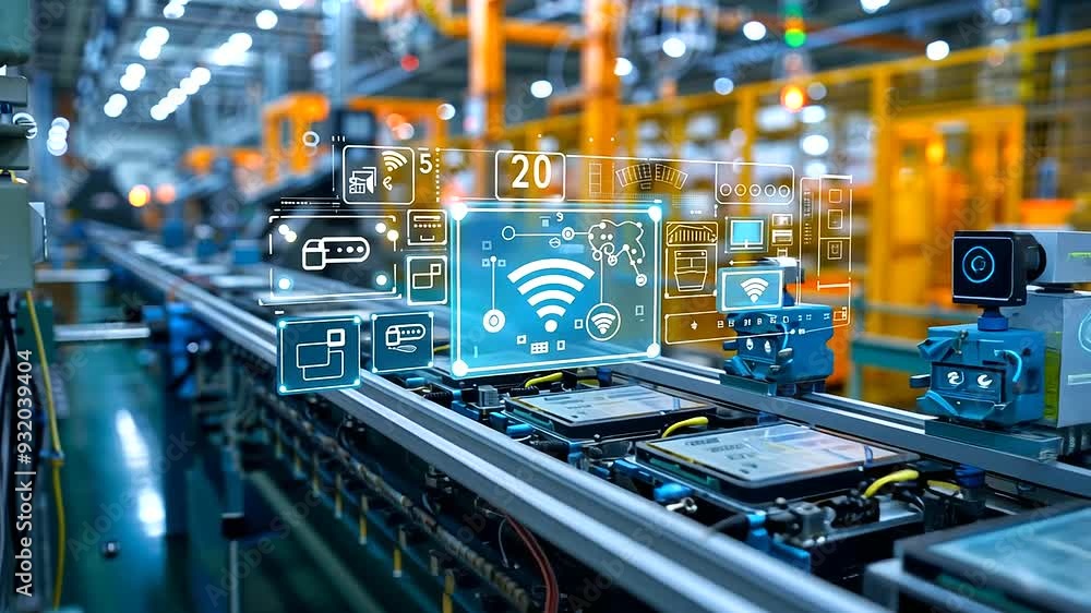 Poster within the cutting-edge facilities of the industrial factory, 5g connection technology powers a netw