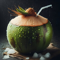 Fresh ripe brown coconuts with detailed water drops, exocit healthy bio fruit food.