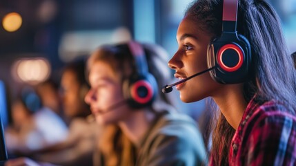 Gamers communicating strategies through headsets, focused expressions, fast-paced action, colorful and dynamic environment, technology enabling teamwork and connection in the virtual world