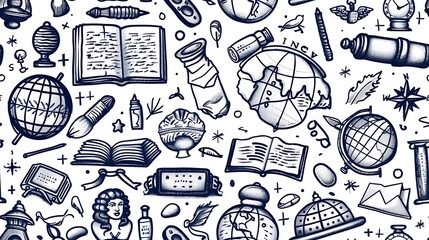 A seamless doodle pattern featuring various history-related items like ancient maps, globes, and artifacts, mixed with doodles of historical figures and manuscripts,
