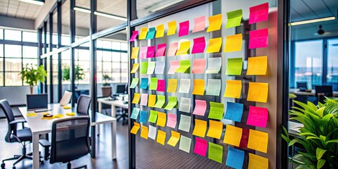 Colorful sticky notes on a collaborative board illustrating agile software development workflow, with prioritized tasks and progress tracking in a modern office setting.