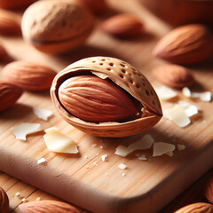 Close up of an almond seed cracked open from a shell, scattered on wooden 